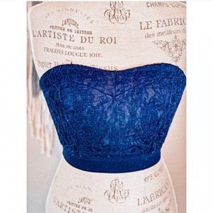 Navy Blue Strapless Lace Crop Top